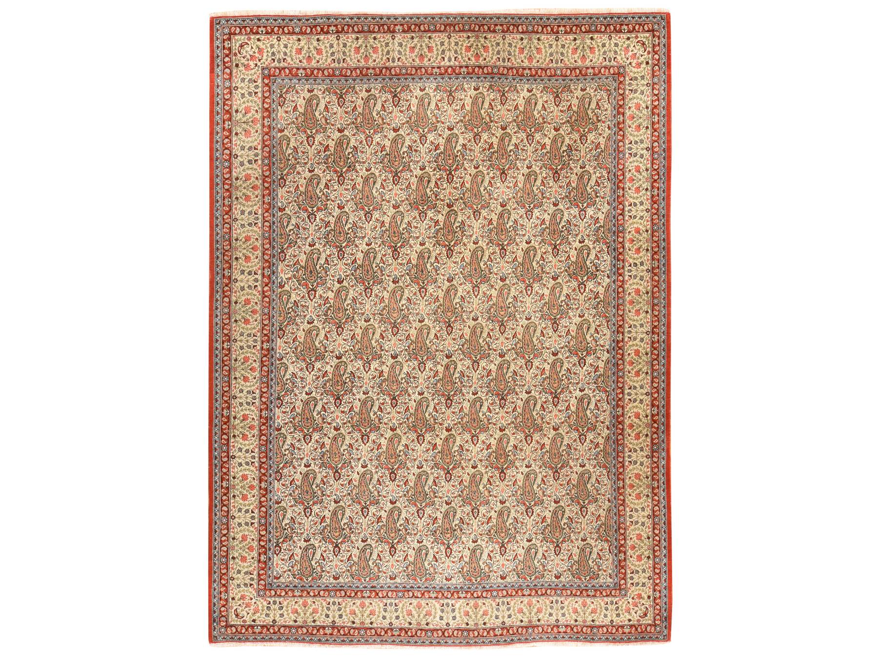 7'10"x10'9" Alabaster White, Vintage Persian Ghom with Paisley, Boteh Design, 100% Wool, Hand Knotted, Good Condition and Clean, Oriental Rug HR78539