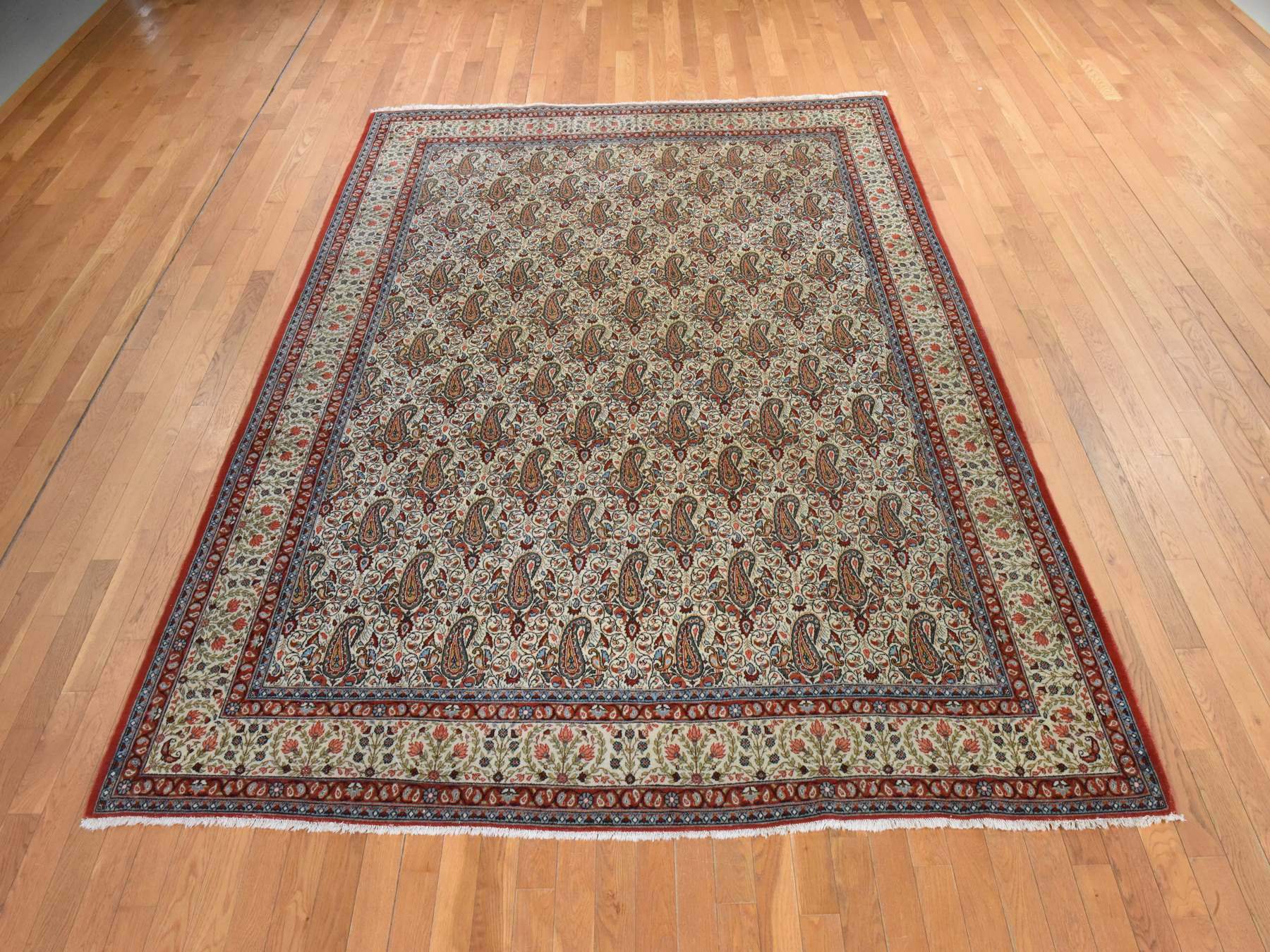7'10"x10'9" Alabaster White, Vintage Persian Ghom with Paisley, Boteh Design, 100% Wool, Hand Knotted, Good Condition and Clean, Oriental Rug HR78539 - Image 2