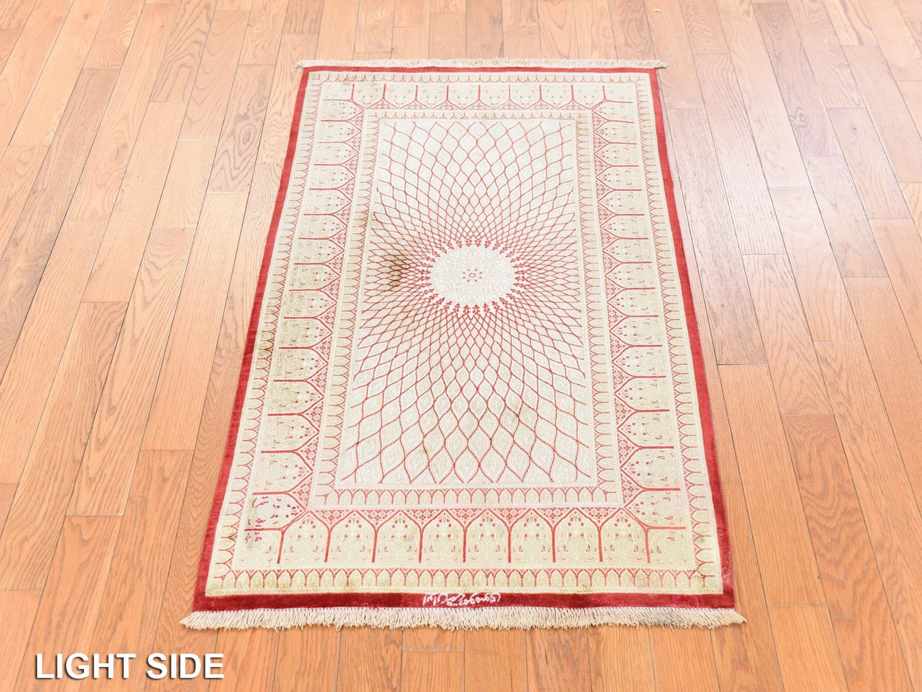 2'5"x4'2" Beige-Red, Pure Silk, New Persian Qum with Goombad Design, Signed, 600 KPSI, Hand Knotted, Mat, Oriental Rug HR78712 - Image 3