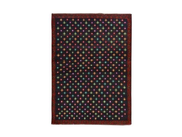 4'3"x6' Charcoal Black, Colorful Afghan Baluch with Geometric Design, Hand Knotted, Pure Wool, Oriental Rug HR78791