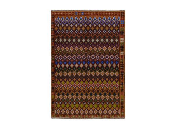 4'3"x6' Honey Brown, Colorful Afghan Baluch with Geometric Design, Hand Knotted, Pure Wool, Oriental Rug HR78892