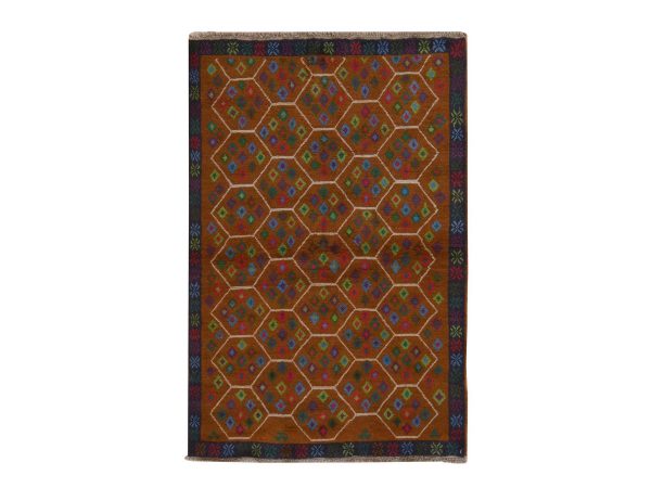 4'x6' Tawny Brown, Colorful Afghan Baluch with Geometric Design, Hand Knotted, Pure Wool, Oriental Rug HR78793