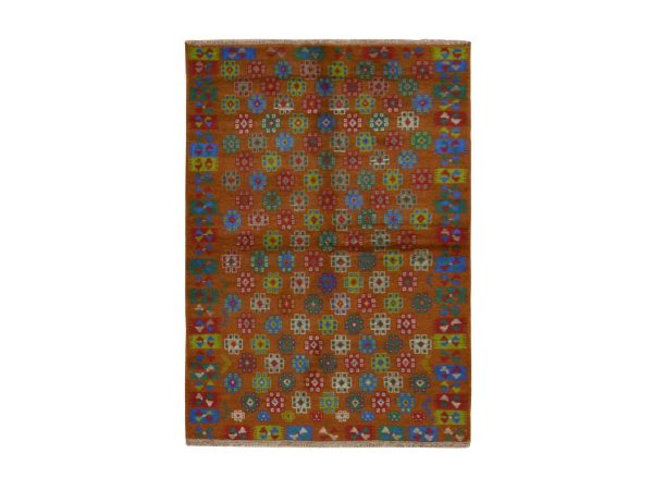 4'1"x5'9" Caramel Brown, Colorful Afghan Baluch with Geometric Design, Hand Knotted, Pure Wool, Oriental Rug HR78795