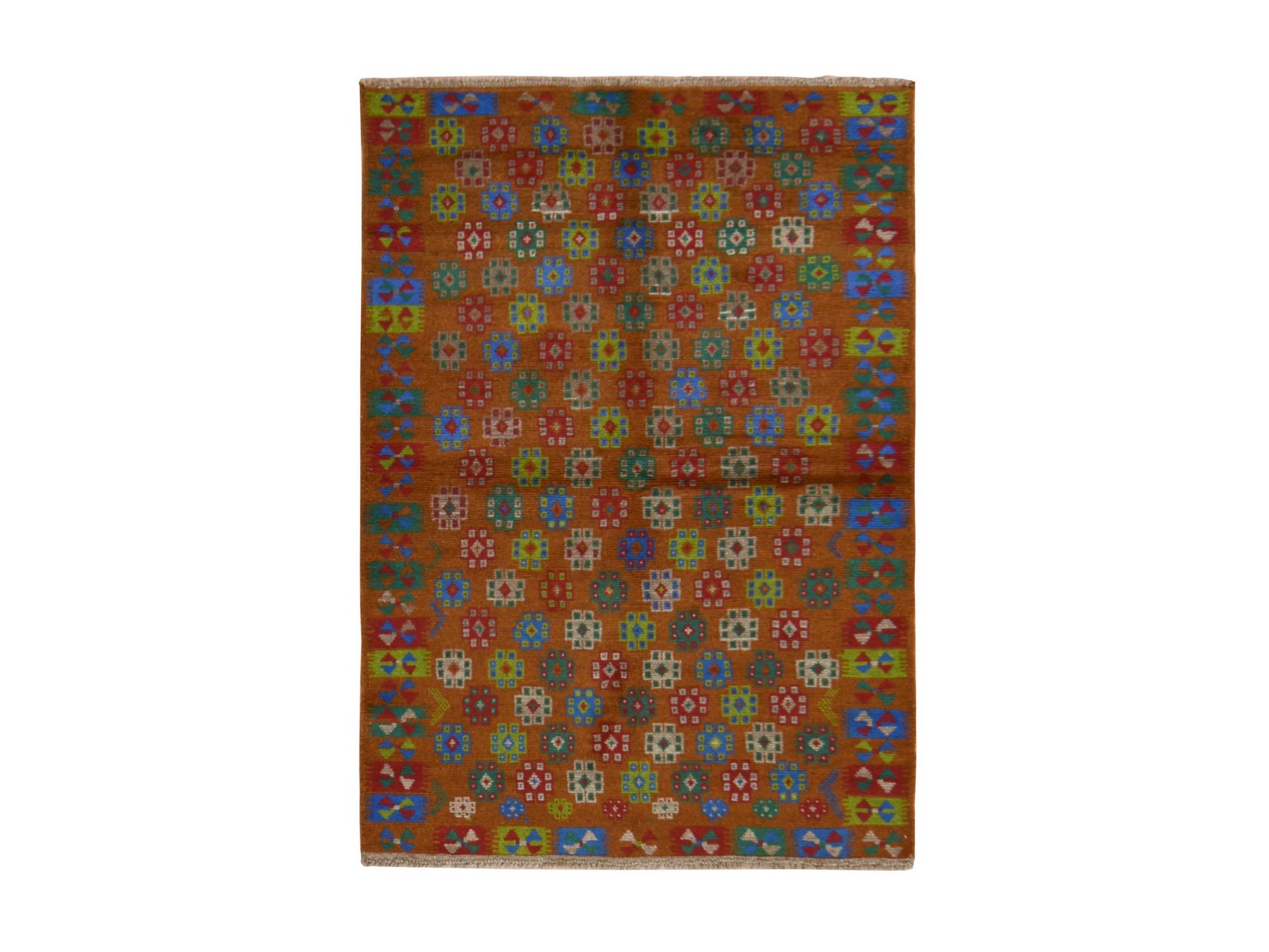 4'1"x5'9" Caramel Brown, Colorful Afghan Baluch with Geometric Design, Hand Knotted, Pure Wool, Oriental Rug HR78795