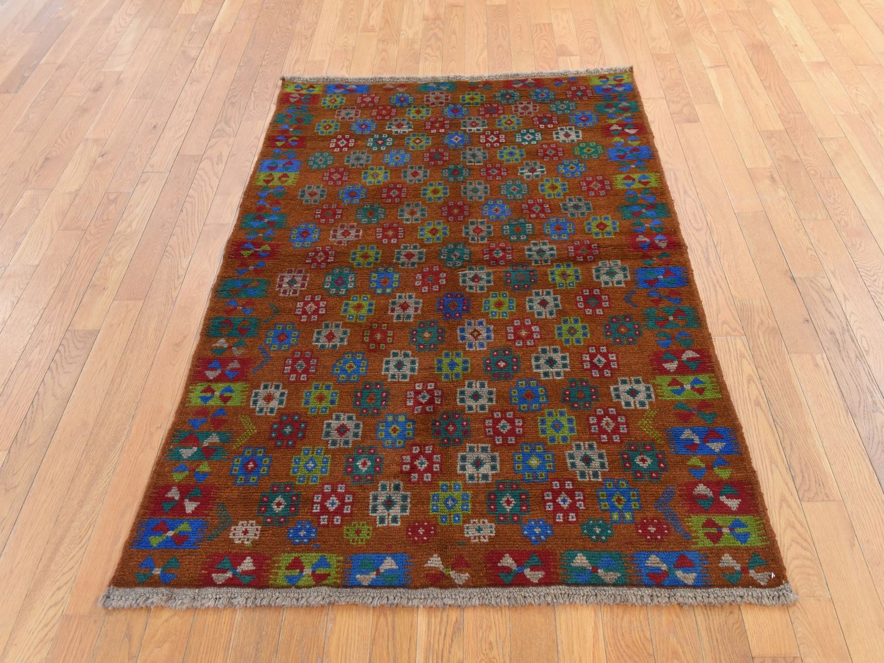 4'1"x5'9" Caramel Brown, Colorful Afghan Baluch with Geometric Design, Hand Knotted, Pure Wool, Oriental Rug HR78795 - Image 2