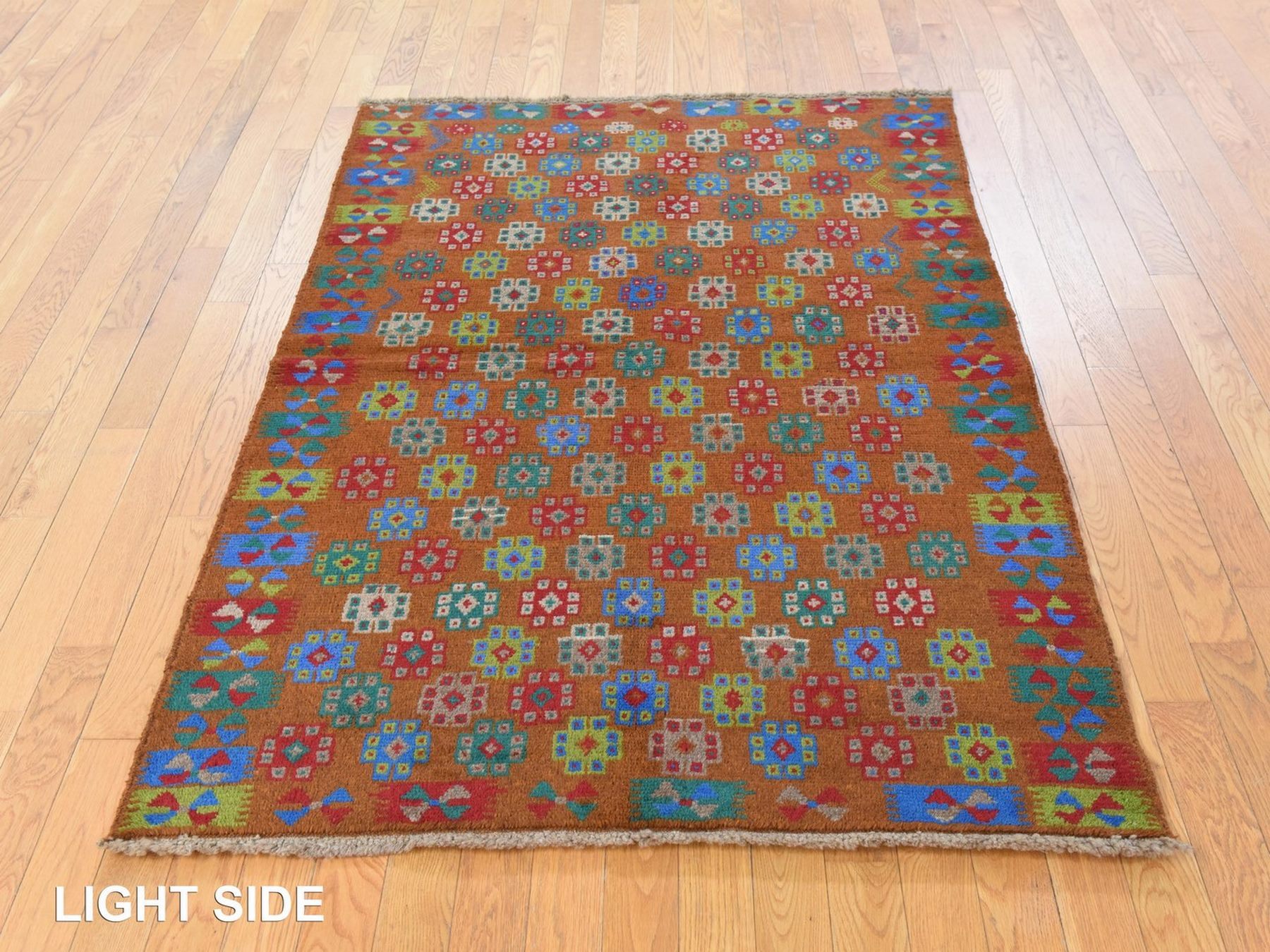 4'1"x5'9" Caramel Brown, Colorful Afghan Baluch with Geometric Design, Hand Knotted, Pure Wool, Oriental Rug HR78795 - Image 3