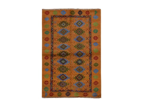 4'x6'1" Honey Brown, Colorful Afghan Baluch with Geometric Design, Hand Knotted, Pure Wool, Oriental Rug HR78797