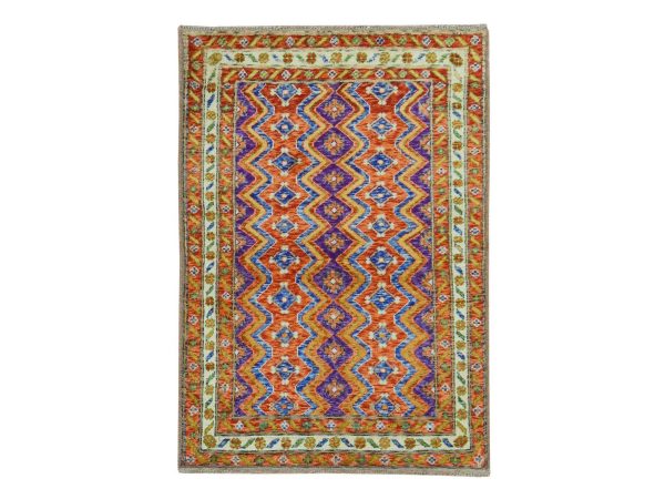 4'x5'10" Burnt Orange, Colorful Afghan Baluch with Geometric Design, Hand Knotted, Pure Wool, Oriental Rug HR78798