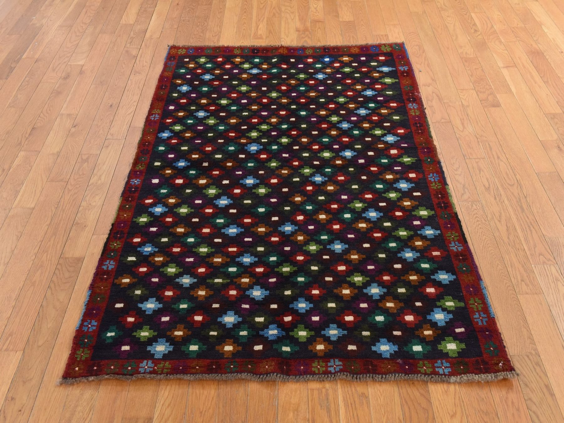 4'1"x6' Graphite Black, Colorful Afghan Baluch with Geometric Design, Hand Knotted, Pure Wool, Oriental Rug HR78800 - Image 2
