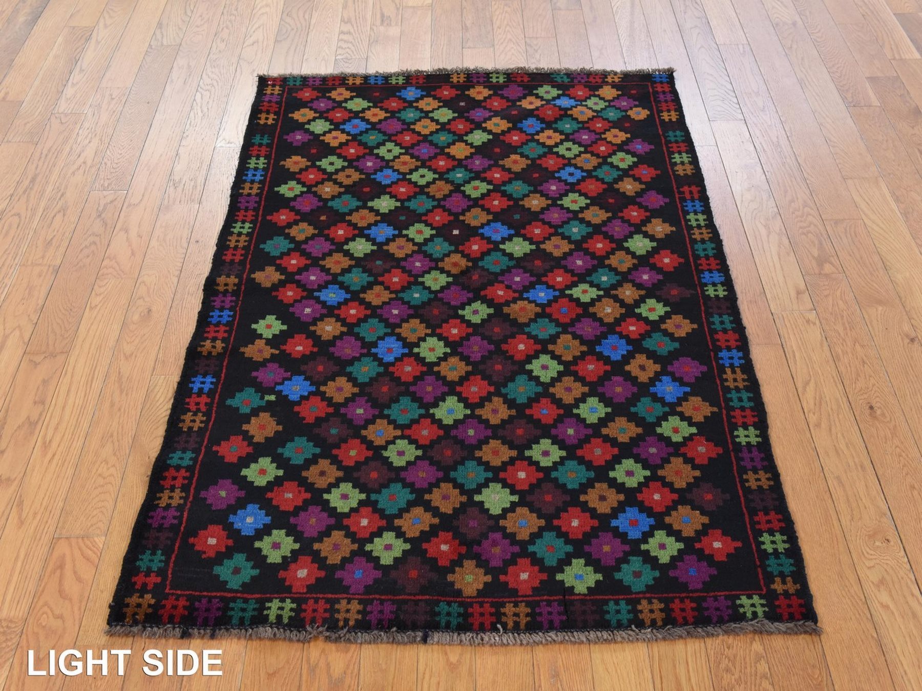 3'5"x5' Raven Black, Colorful Afghan Baluch with Geometric Design, Hand Knotted, Pure Wool, Oriental Rug HR78806 - Image 3