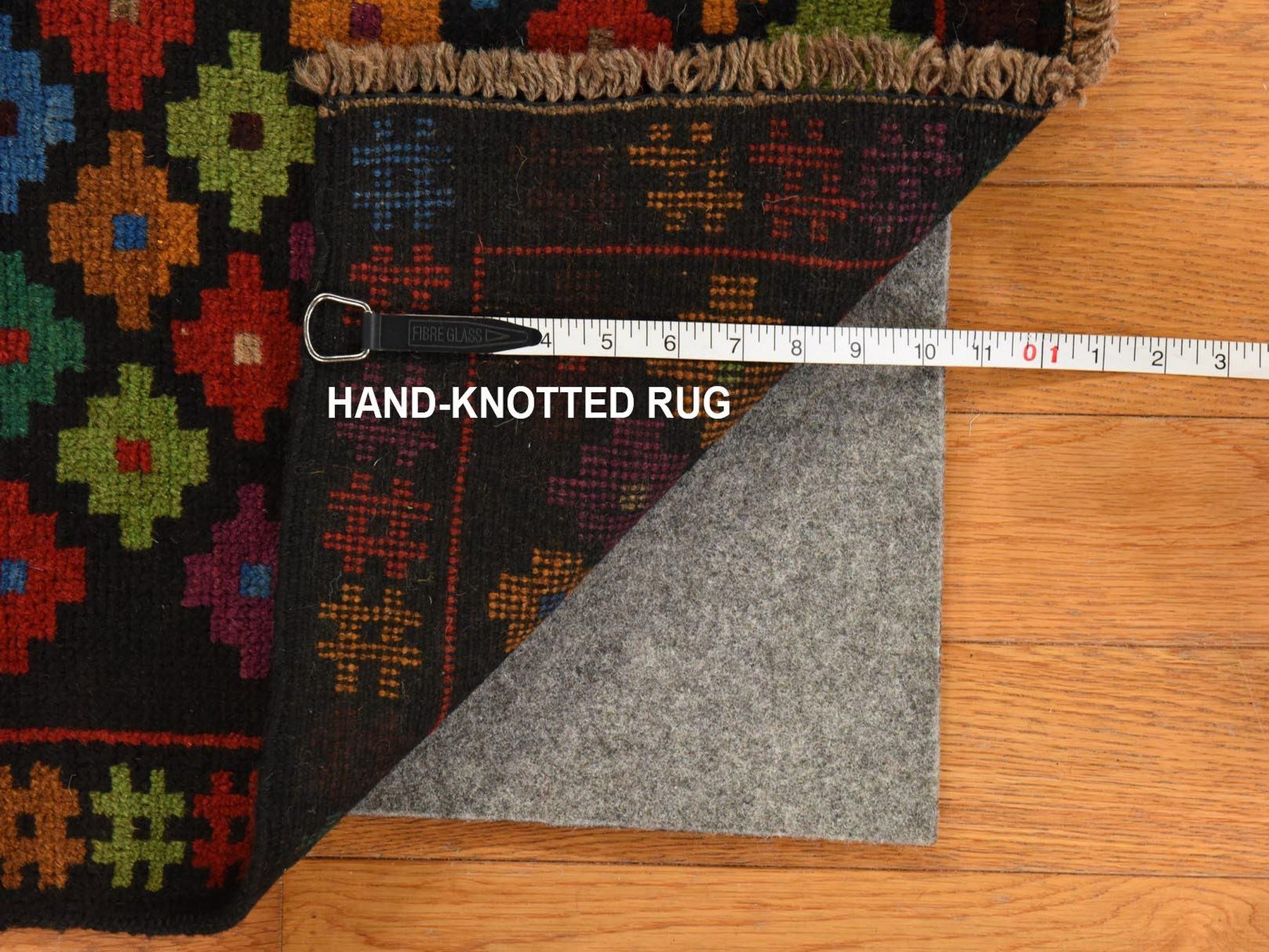 3'5"x5' Raven Black, Colorful Afghan Baluch with Geometric Design, Hand Knotted, Pure Wool, Oriental Rug HR78806 - Image 6
