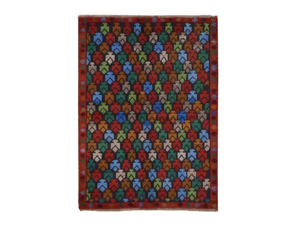3'5"x4'8" Raven Black, Colorful Afghan Baluch with Geometric Design, Hand Knotted, Pure Wool, Oriental Rug HR78807