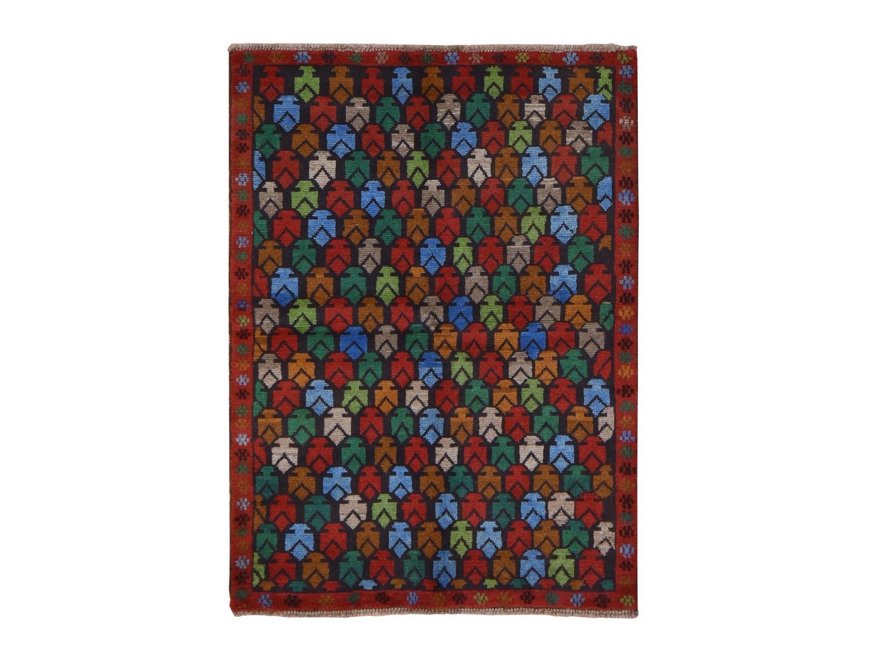 3'5"x4'8" Raven Black, Colorful Afghan Baluch with Geometric Design, Hand Knotted, Pure Wool, Oriental Rug HR78807