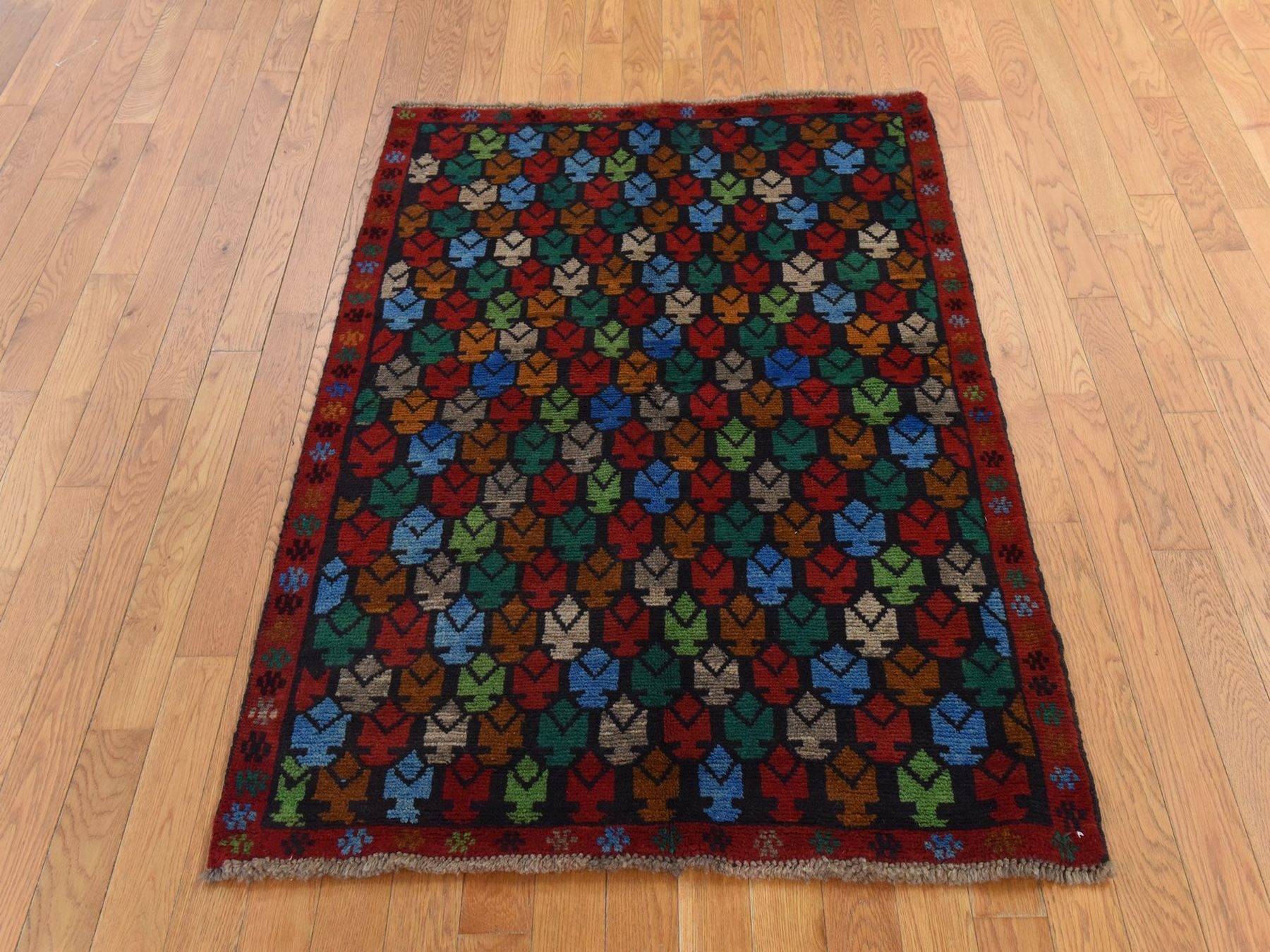 3'5"x4'8" Raven Black, Colorful Afghan Baluch with Geometric Design, Hand Knotted, Pure Wool, Oriental Rug HR78807 - Image 2