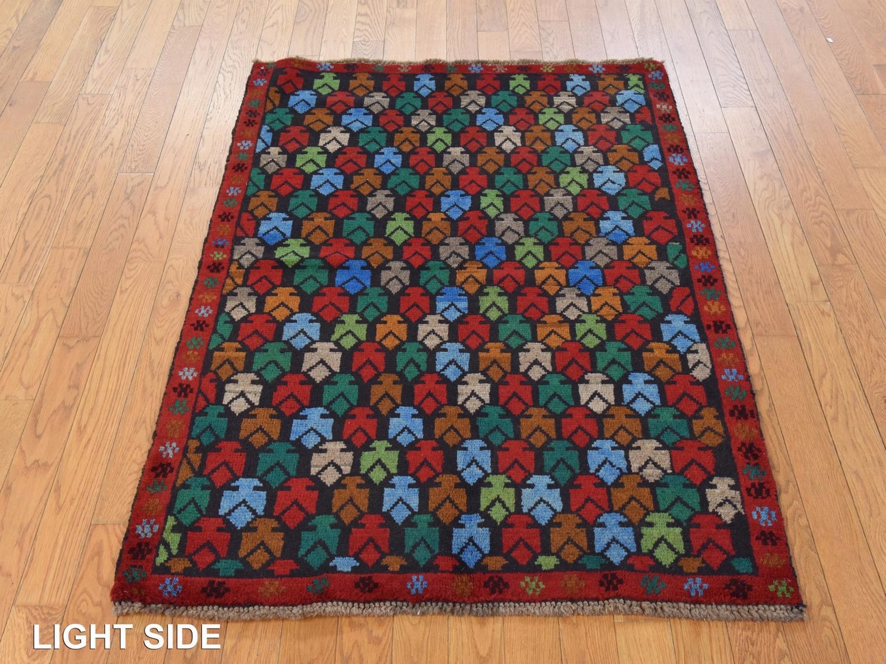 3'5"x4'8" Raven Black, Colorful Afghan Baluch with Geometric Design, Hand Knotted, Pure Wool, Oriental Rug HR78807 - Image 3