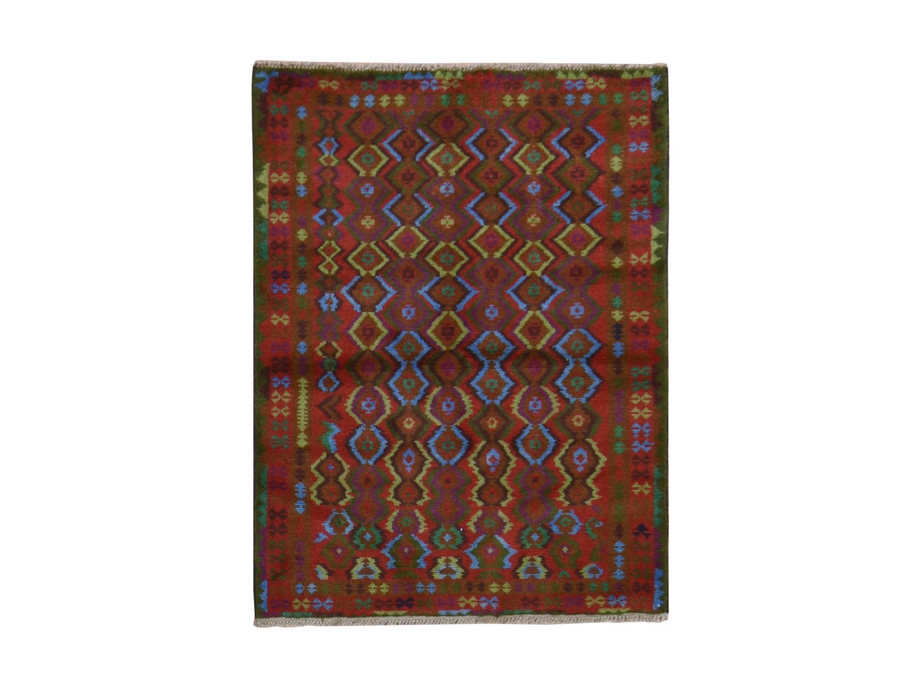 3'5"x4'8" Salsa Red, Colorful Afghan Baluch with Geometric Design, Hand Knotted, Pure Wool, Oriental Rug HR78808
