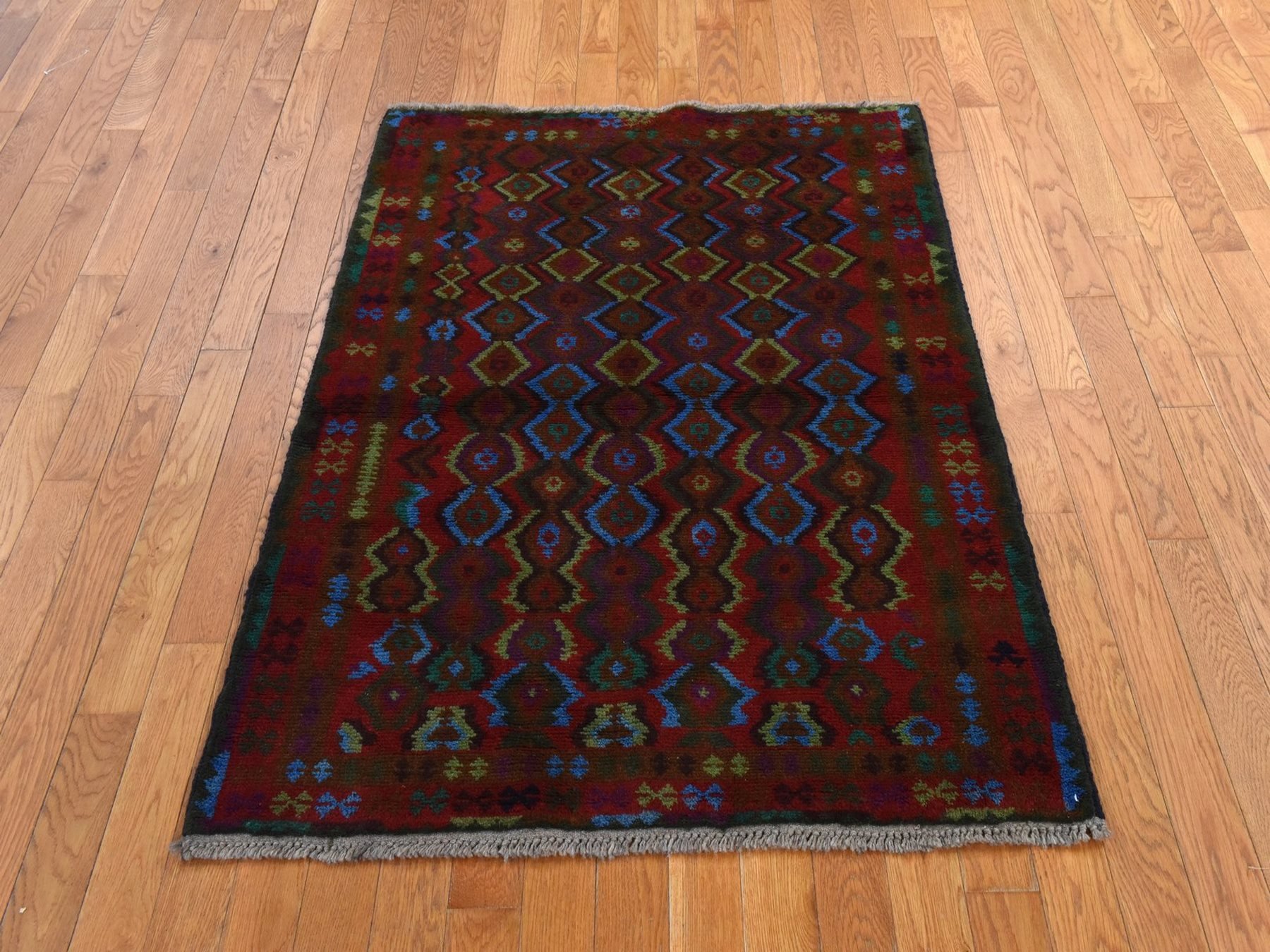 3'5"x4'8" Salsa Red, Colorful Afghan Baluch with Geometric Design, Hand Knotted, Pure Wool, Oriental Rug HR78808 - Image 2
