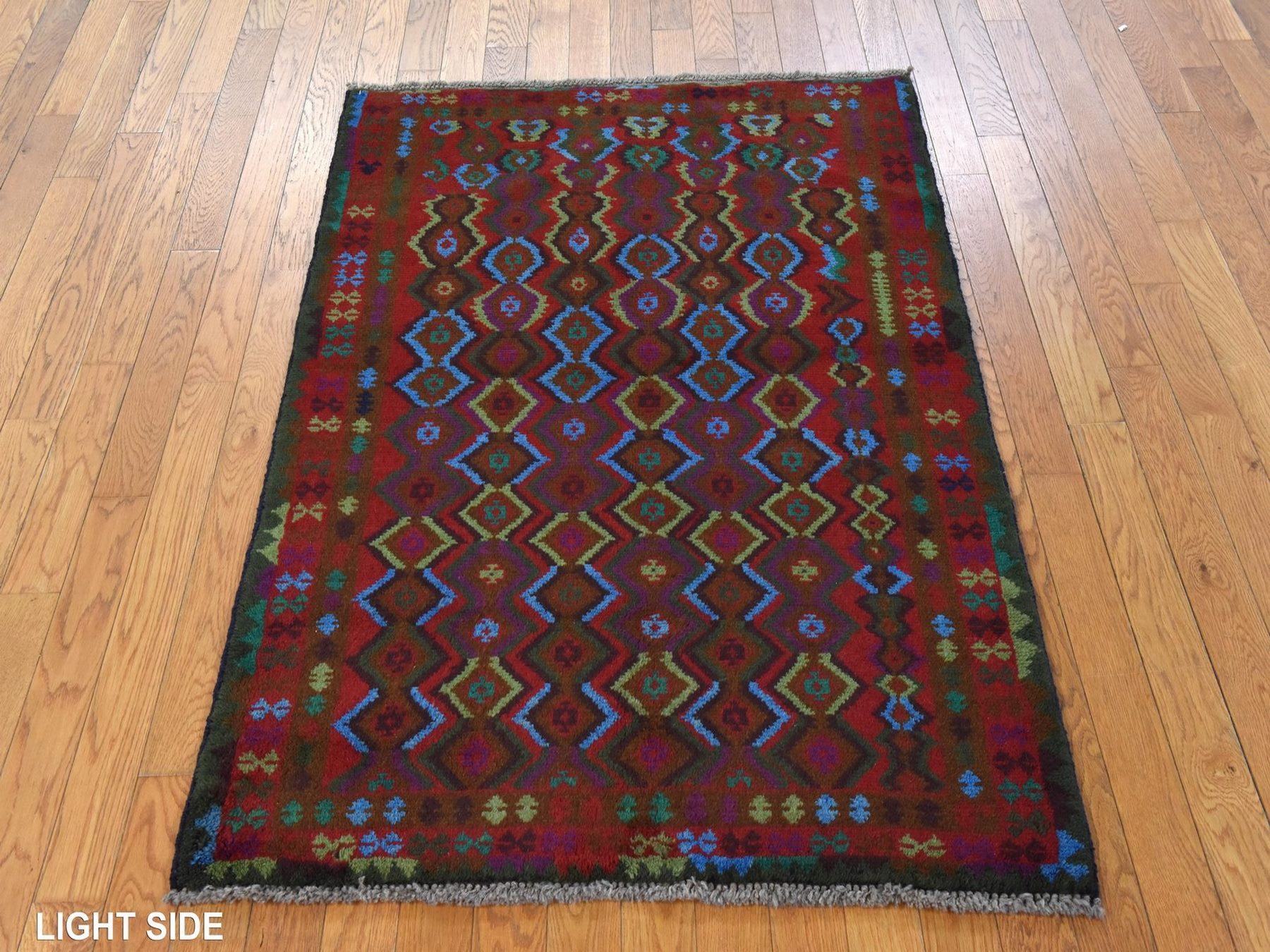3'5"x4'8" Salsa Red, Colorful Afghan Baluch with Geometric Design, Hand Knotted, Pure Wool, Oriental Rug HR78808 - Image 3