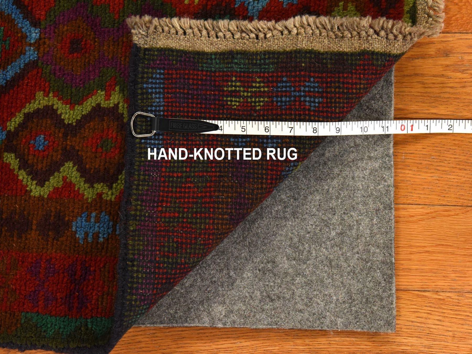 3'5"x4'8" Salsa Red, Colorful Afghan Baluch with Geometric Design, Hand Knotted, Pure Wool, Oriental Rug HR78808 - Image 6
