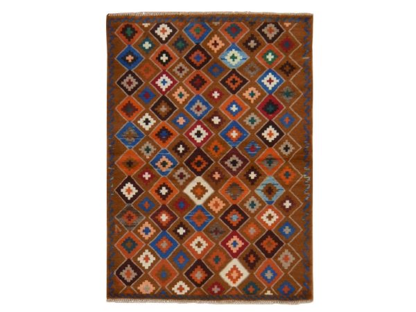 3'5"x4'10" Rustic Brown, Colorful Afghan Baluch with Geometric Design, Hand Knotted, Pure Wool, Oriental Rug HR78809