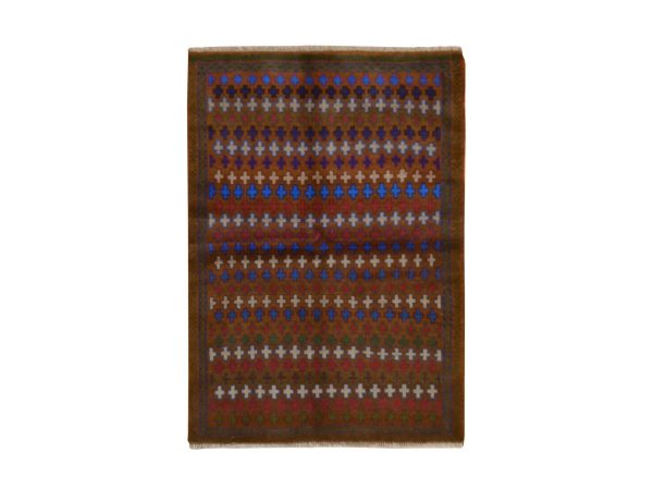 3'3"x4'7" Chocolate Brown, Colorful Afghan Baluch with Geometric Design, Hand Knotted, Pure Wool, Oriental Rug HR78811