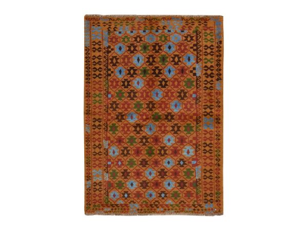 3'5"x4'10" Tawny Brown, Colorful Afghan Baluch with Geometric Design, Hand Knotted, Pure Wool, Oriental Rug HR78813