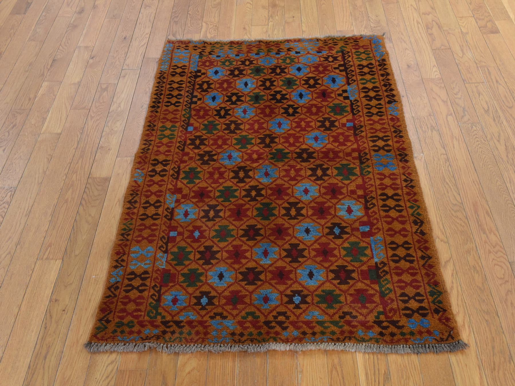 3'5"x4'10" Tawny Brown, Colorful Afghan Baluch with Geometric Design, Hand Knotted, Pure Wool, Oriental Rug HR78813 - Image 2