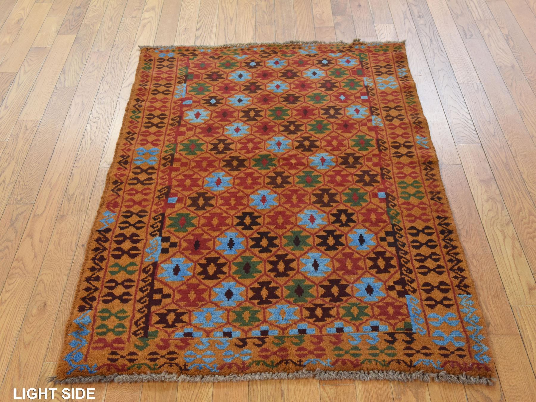 3'5"x4'10" Tawny Brown, Colorful Afghan Baluch with Geometric Design, Hand Knotted, Pure Wool, Oriental Rug HR78813 - Image 3