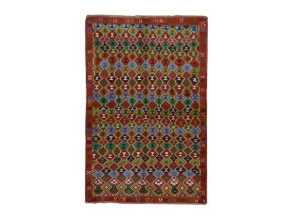 3'3"x5' Salsa Red, Colorful Afghan Baluch with Geometric Design, Hand Knotted, Pure Wool, Oriental Rug HR78814