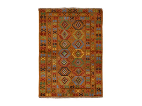 4'3"x6' Honey Brown, Colorful Afghan Baluch with Geometric Design, Hand Knotted, Pure Wool, Oriental Rug HR78817