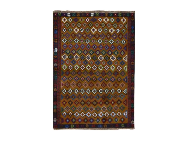 3'3"x4'8" Sierra Brown, Colorful Afghan Baluch with Geometric Design, Hand Knotted, Pure Wool, Oriental Rug HR78819