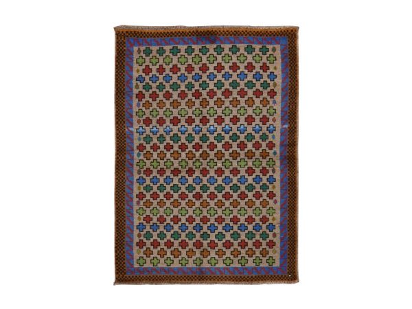 3'4"x4'9" Beige, Colorful Afghan Baluch with Geometric Design, Hand Knotted, Pure Wool, Oriental Rug HR78821