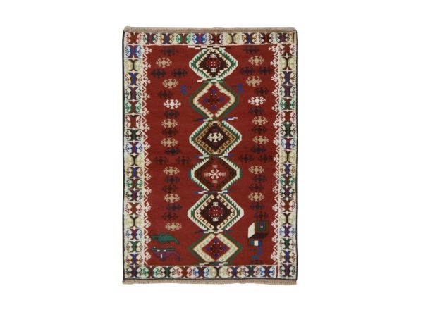 3'3"x4'9" Savvy Red, Colorful Afghan Baluch with Geometric Design, Hand Knotted, Pure Wool, Oriental Rug HR78824