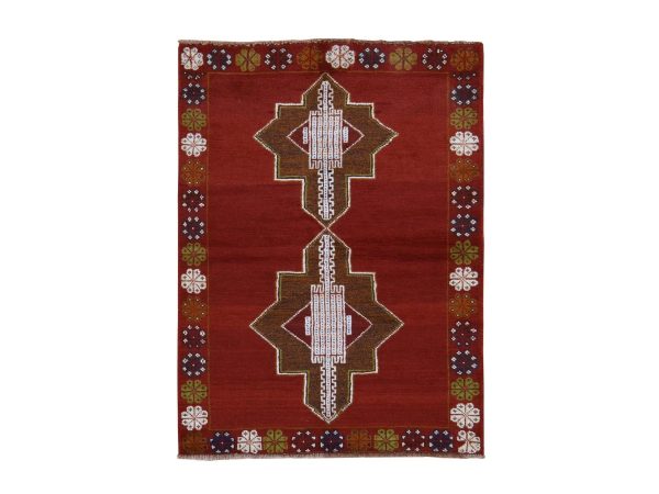 3'7"x4'10" Savvy Red, Afghan Baluch with Geometric Design, Hand Knotted, Pure Wool, Oriental Rug HR78825