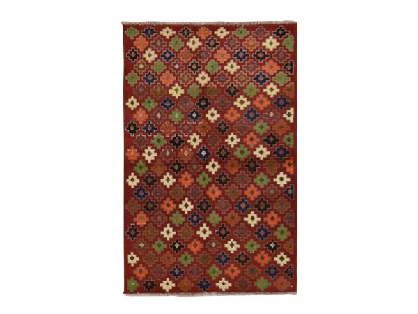 3'1"x4'10" Savvy Red, Colorful Afghan Baluch with Geometric Design, Hand Knotted, Pure Wool, Oriental Rug HR78826