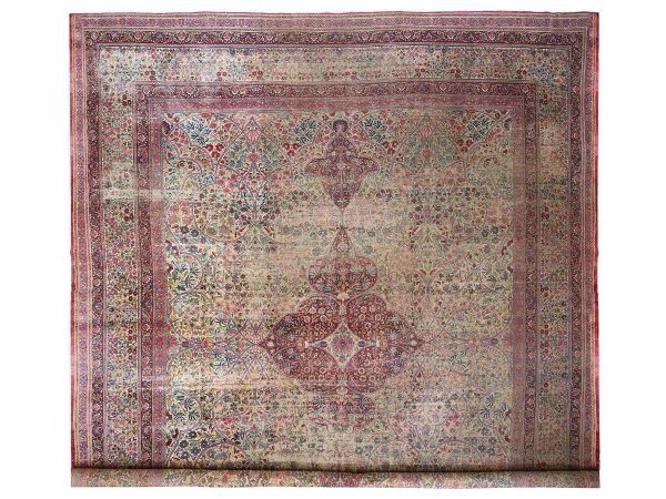 14'x17'5" Beige, Antique Lavar Kerman, Shabby Chic, Worn Down and Distressed, Hand Knotted, 100% Wool, Sides and Ends Professionally Secured, Clean, Signed, XL, Oversized, Oriental Rug HR78827