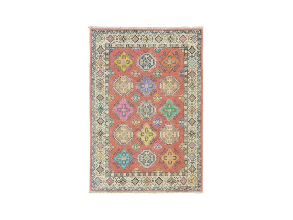3'9"x5'7" Peach Color, Fusion Kazak with Colorful Geometric Elements, Pure Wool, Hand Knotted, Oriental Rug HR78829