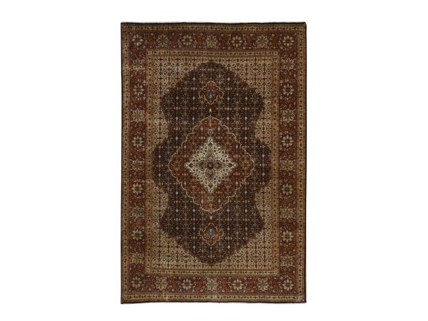 6'10"x10'5" Midnight Blue, Indo Tabriz Mahi with Geometric Medallion Design, 300 KPSI, Hand Spun New Zealand Wool, Hand Knotted, Oriental Rug HR78830