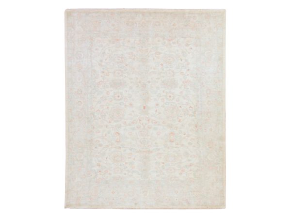 8'x9'9" Bone White, Washed Out Peshawar with All Over Design, Hand Knotted, 100% Wool, Oriental Rug HR78833