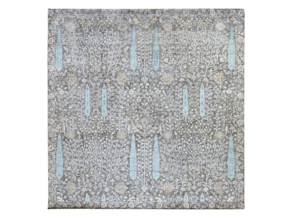 10'x10' Charcoal Black, Cypress Tree Design, Silk, Hand Knotted, Denser Weave, Soft Pile, Square, Oriental Rug HR78836