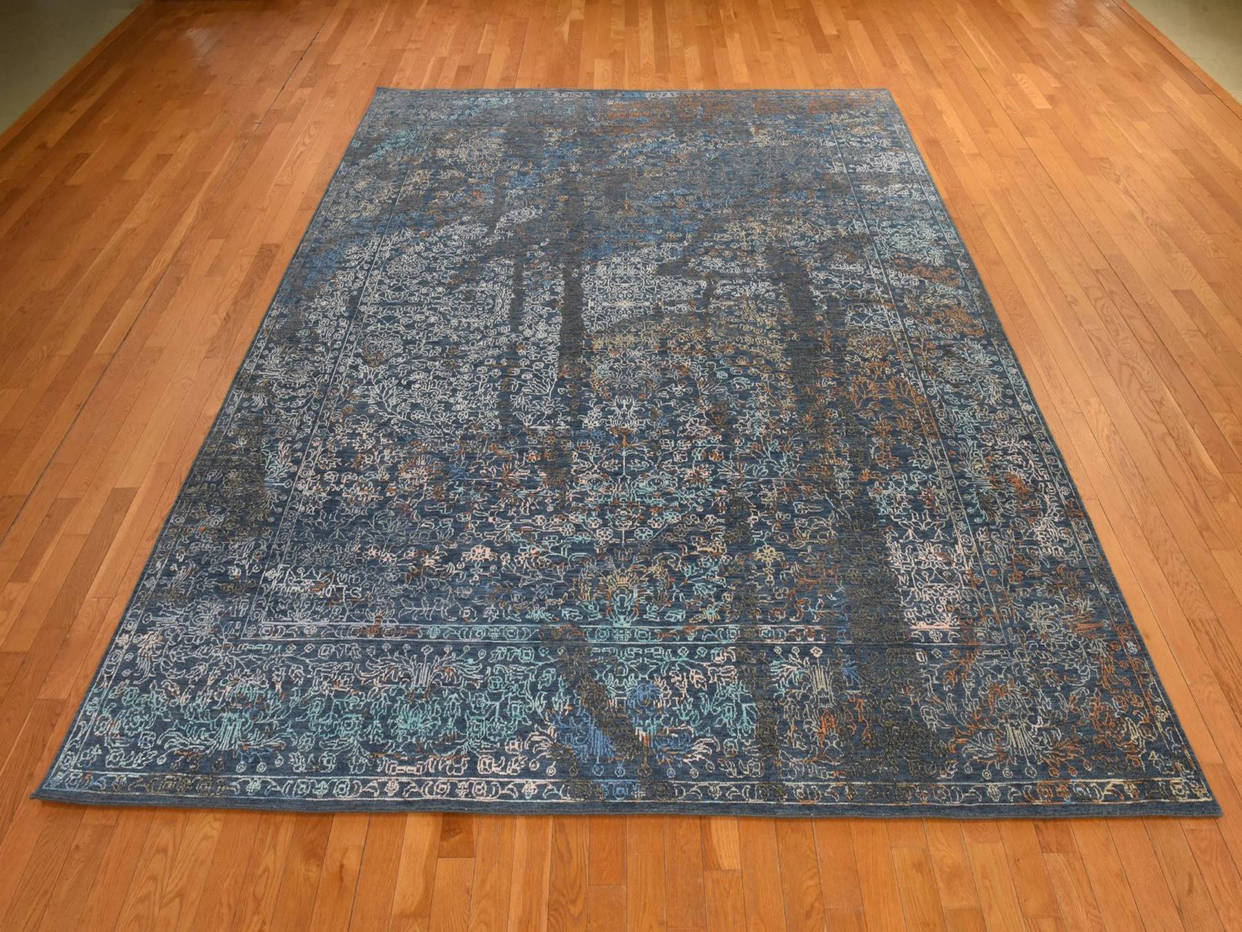 9'x12' Ink Blue, Broken and Erased Persian Design, Wool and Silk, Hand Knotted, Oriental Rug HR78838 - Image 2