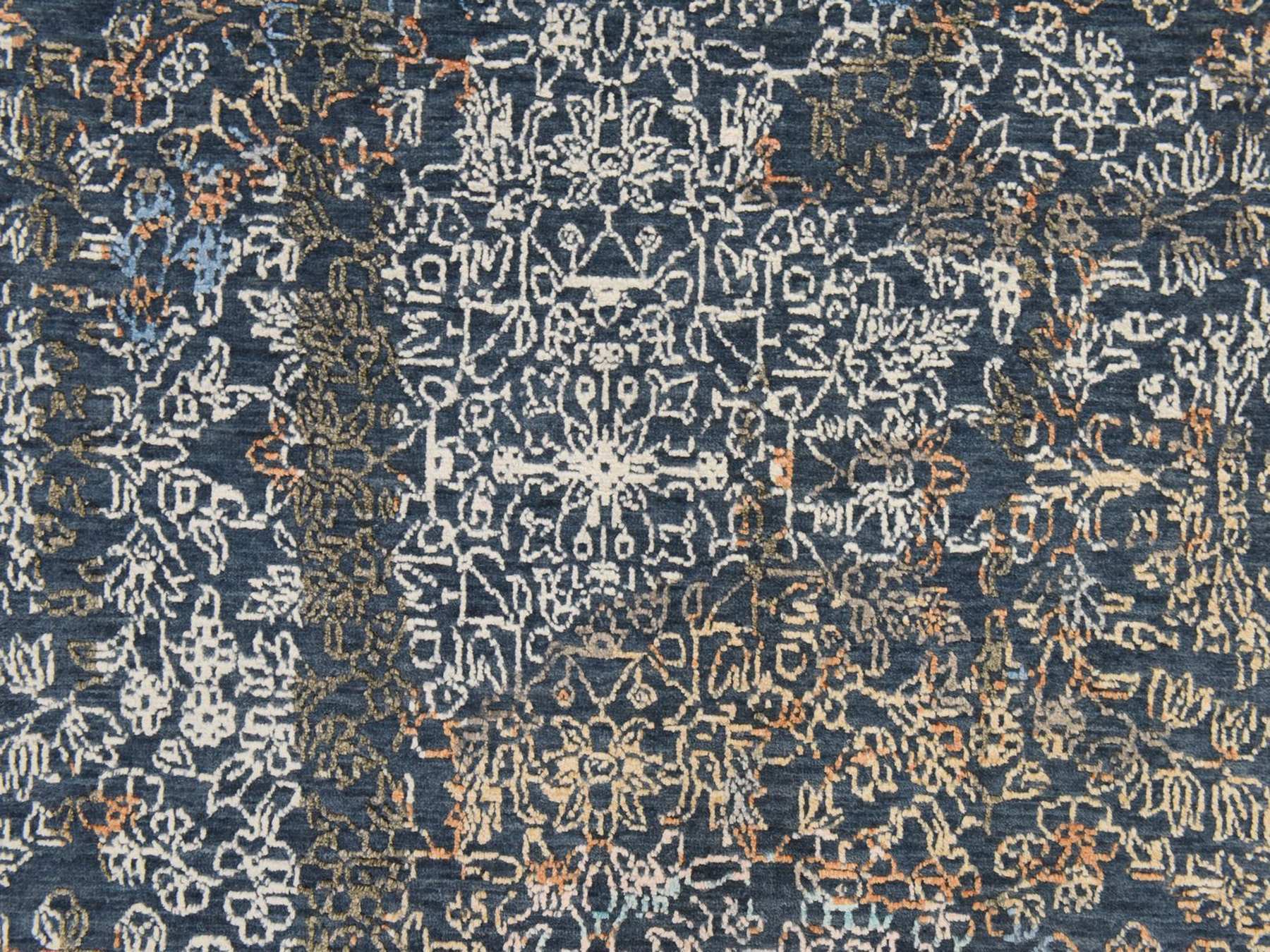 9'x12' Ink Blue, Broken and Erased Persian Design, Wool and Silk, Hand Knotted, Oriental Rug HR78838 - Image 5