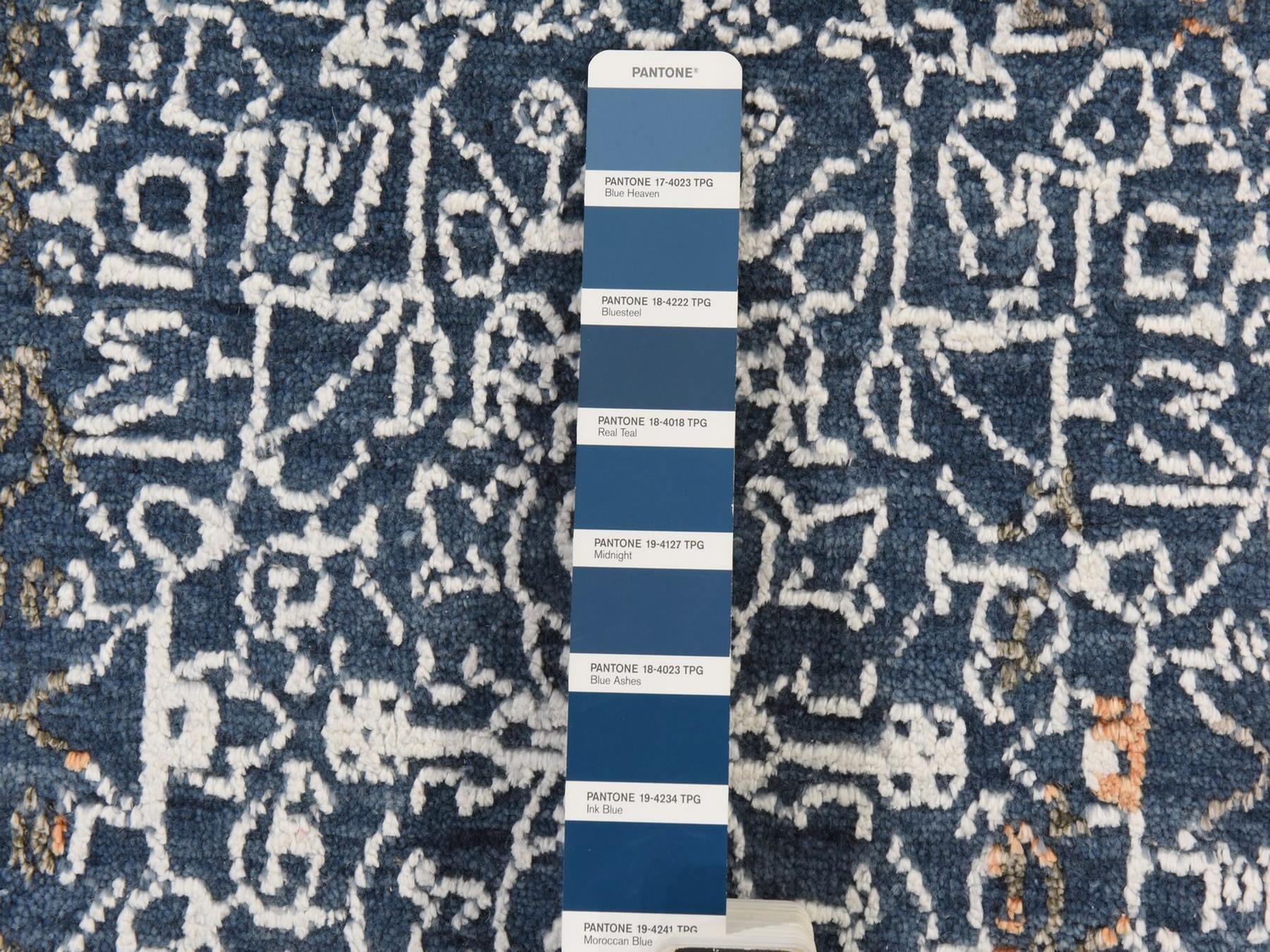 9'x12' Ink Blue, Broken and Erased Persian Design, Wool and Silk, Hand Knotted, Oriental Rug HR78838 - Image 6
