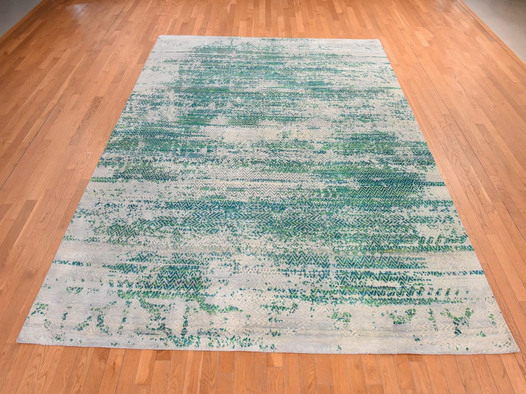 8'10"x12' Slushy Green, Erased Chevron Design, Hand Knotted, Sari Silk with Textured Wool, Oriental Rug HR78841 - Image 2