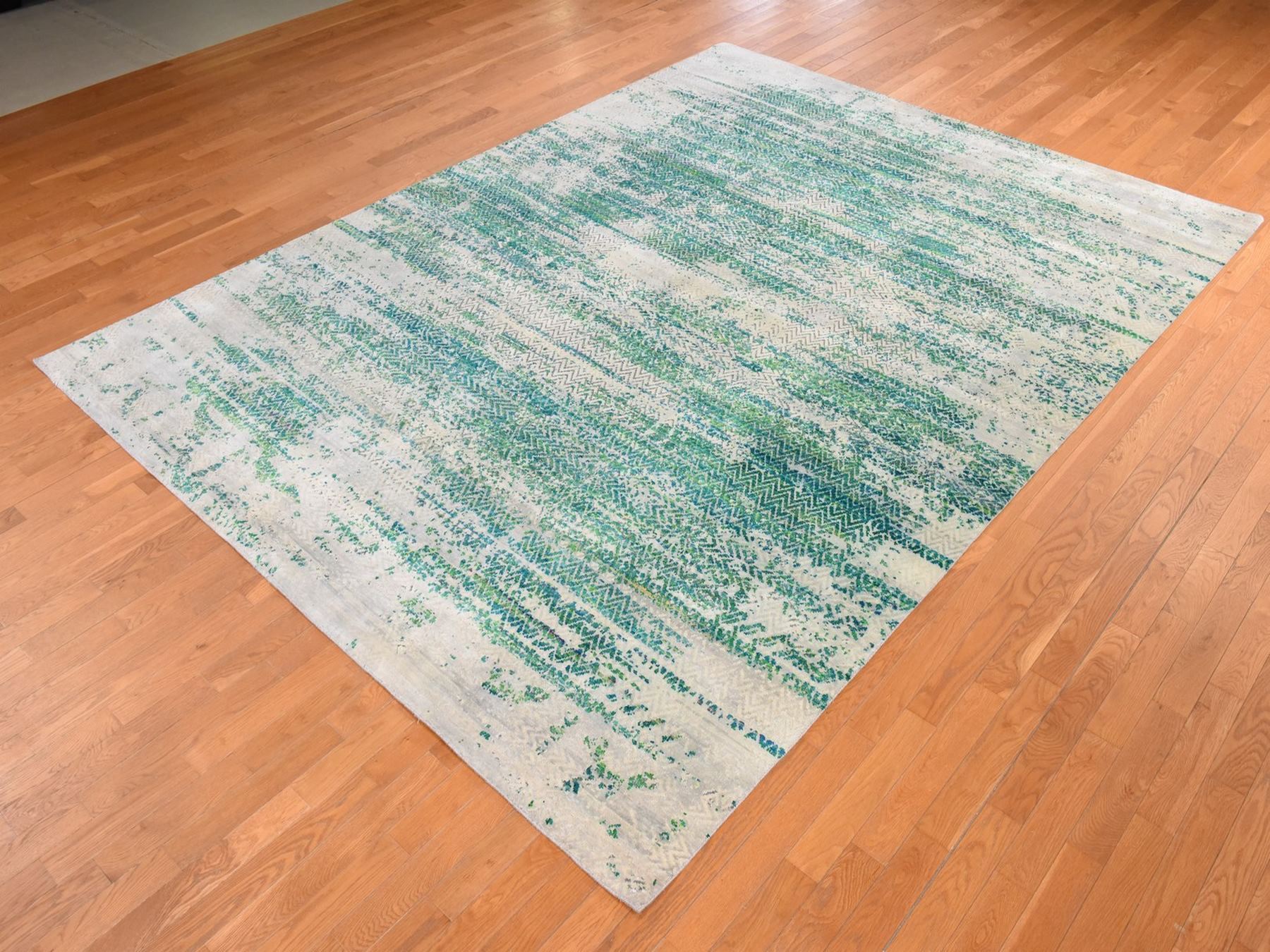 8'10"x12' Slushy Green, Erased Chevron Design, Hand Knotted, Sari Silk with Textured Wool, Oriental Rug HR78841 - Image 4