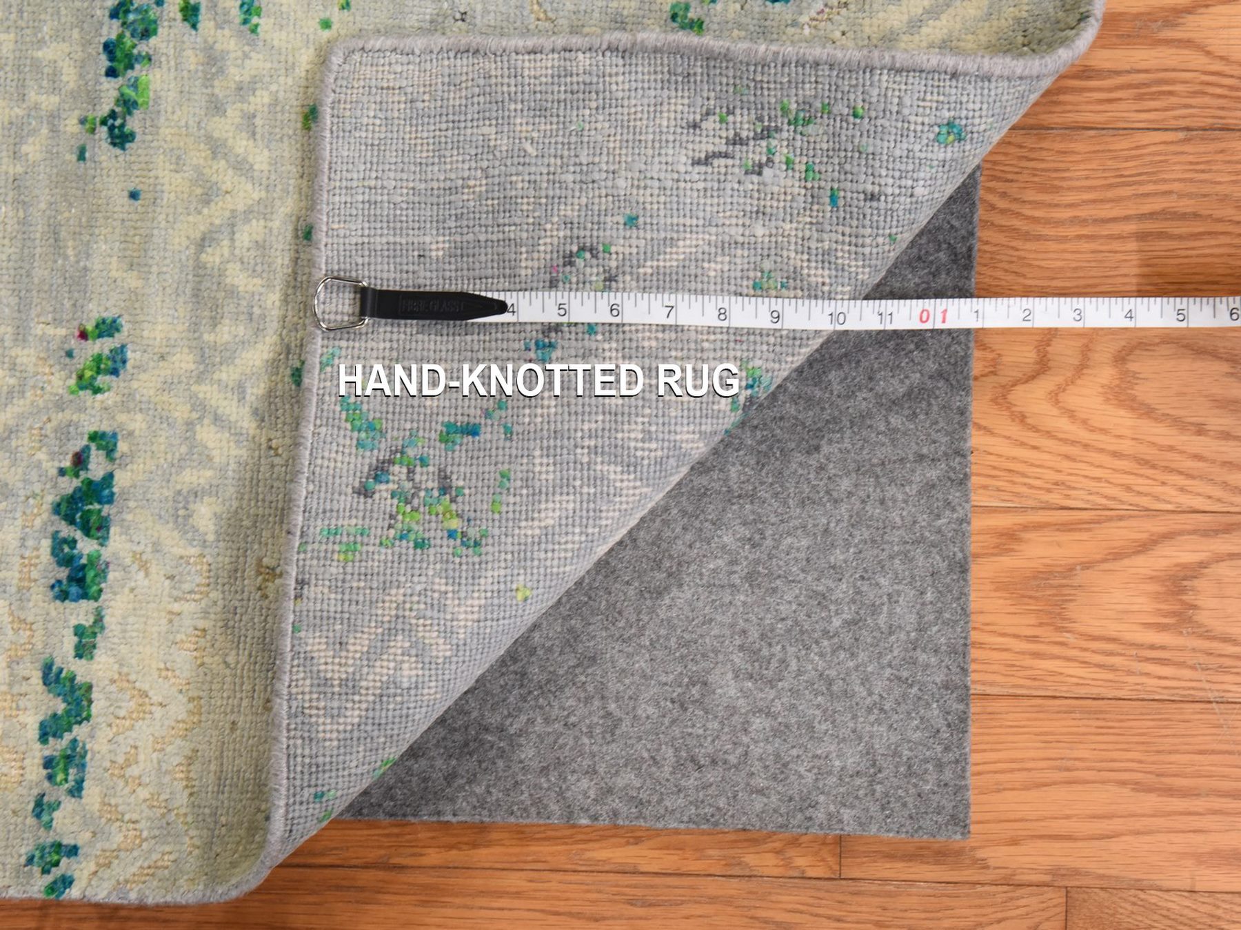 8'10"x12' Slushy Green, Erased Chevron Design, Hand Knotted, Sari Silk with Textured Wool, Oriental Rug HR78841 - Image 7