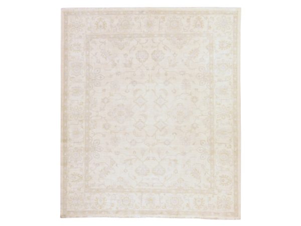 8'5"x9'7" Pristine White, Washed Out Peshawar with All Over Design, Hand Knotted, Natural Wool, Oriental Rug HR78843