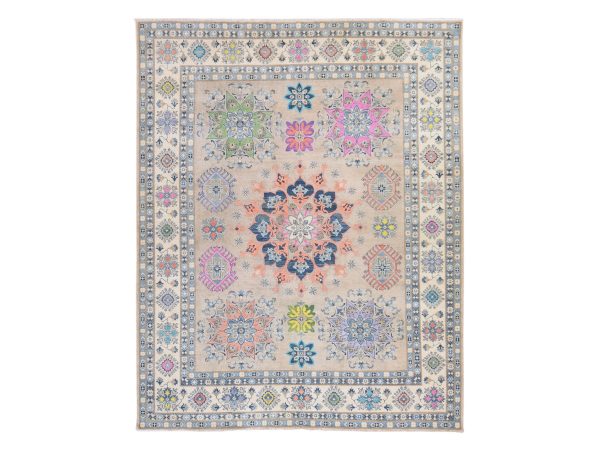 8'x9'9" Warm Taupe, Colorful Fusion Kazak with Flower Medallion, Hand Knotted, Pure Wool, Oriental Rug HR78844