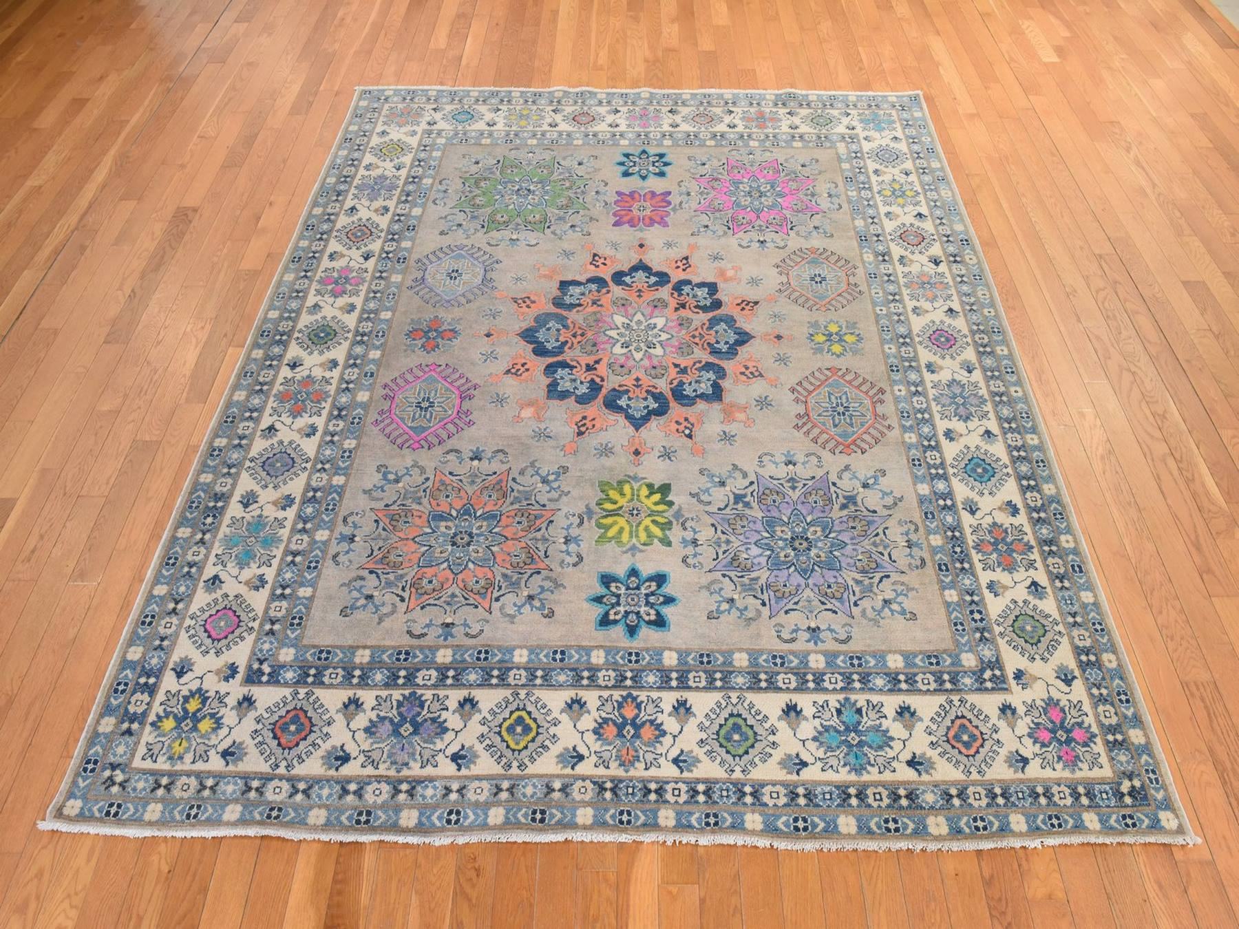 8'x9'9" Warm Taupe, Colorful Fusion Kazak with Flower Medallion, Hand Knotted, Pure Wool, Oriental Rug HR78844 - Image 2
