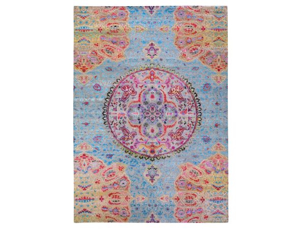 9'9"x13'8" Bayern Blue, Colorful Maharaja Design, Hand Knotted, Sari Silk and Textured Wool, Oriental Rug HR78845